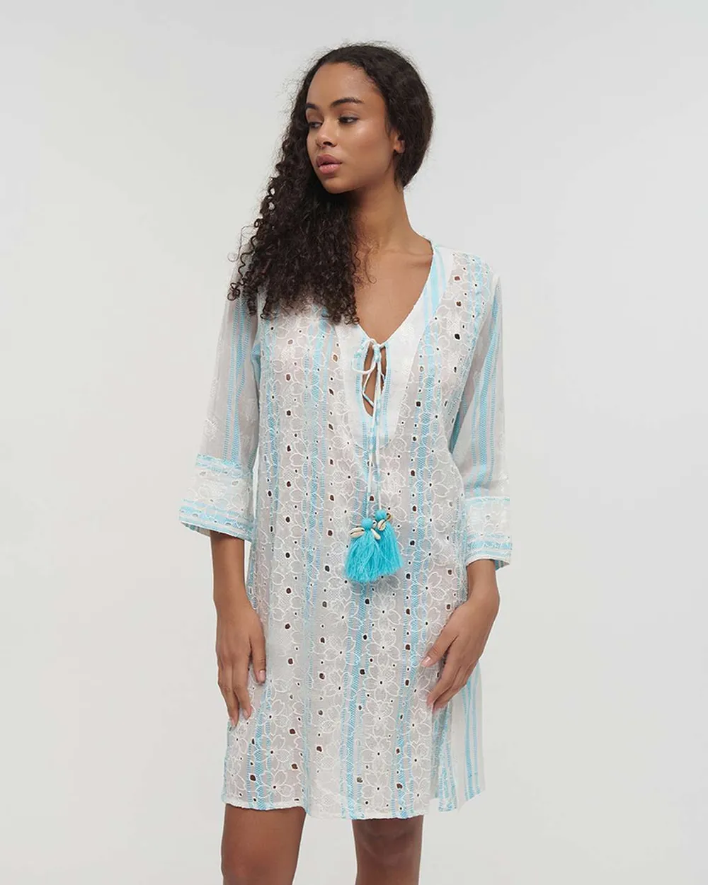 ΦΟΡΕΜΑ/ΚΑΦΤΑΝΙ ΚΟΝΤΟ ΜΕ 3/4 ΜΑΝΙΚΙ ΕΚΡΟΥ ΜΕ ΓΑΛΑΖΙΕΣ ΛΕΠΤΟΜΕΡΕΙΕΣ M/L (100% COTTON)