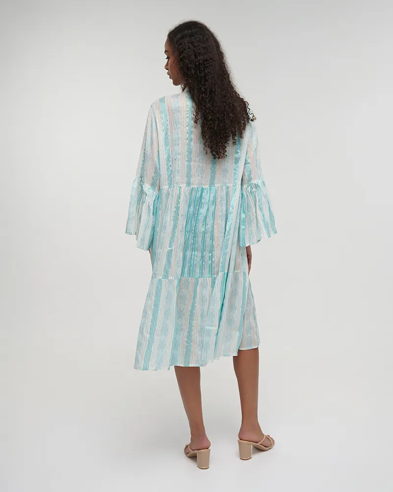 ΦΟΡΕΜΑ/ΚΑΦΤΑΝΙ ΚΟΝΤΟ ΜΕ 3/4 ΜΑΝΙΚΙ ΕΚΡΟΥ ΜΕ ΓΑΛΑΖΙΕΣ ΛΕΠΤΟΜΕΡΕΙΕΣ ΚΑΙ LUREX ONE SIZE (100% COTTON)