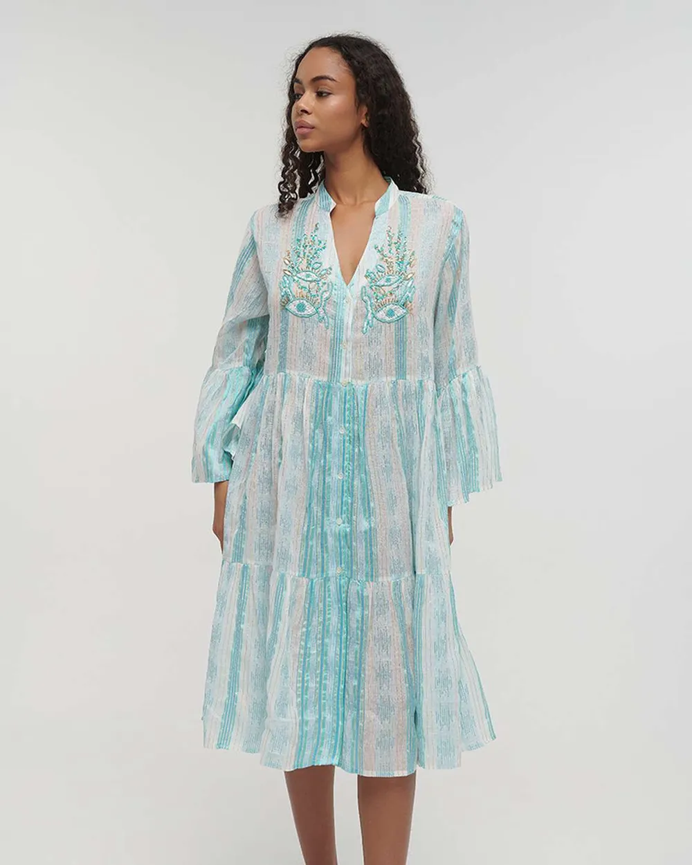 ΦΟΡΕΜΑ/ΚΑΦΤΑΝΙ ΚΟΝΤΟ ΜΕ 3/4 ΜΑΝΙΚΙ ΕΚΡΟΥ ΜΕ ΓΑΛΑΖΙΕΣ ΛΕΠΤΟΜΕΡΕΙΕΣ ΚΑΙ LUREX ONE SIZE (100% COTTON)