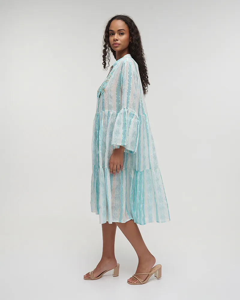 ΦΟΡΕΜΑ/ΚΑΦΤΑΝΙ ΚΟΝΤΟ ΜΕ 3/4 ΜΑΝΙΚΙ ΕΚΡΟΥ ΜΕ ΓΑΛΑΖΙΕΣ ΛΕΠΤΟΜΕΡΕΙΕΣ ΚΑΙ LUREX ONE SIZE (100% COTTON)