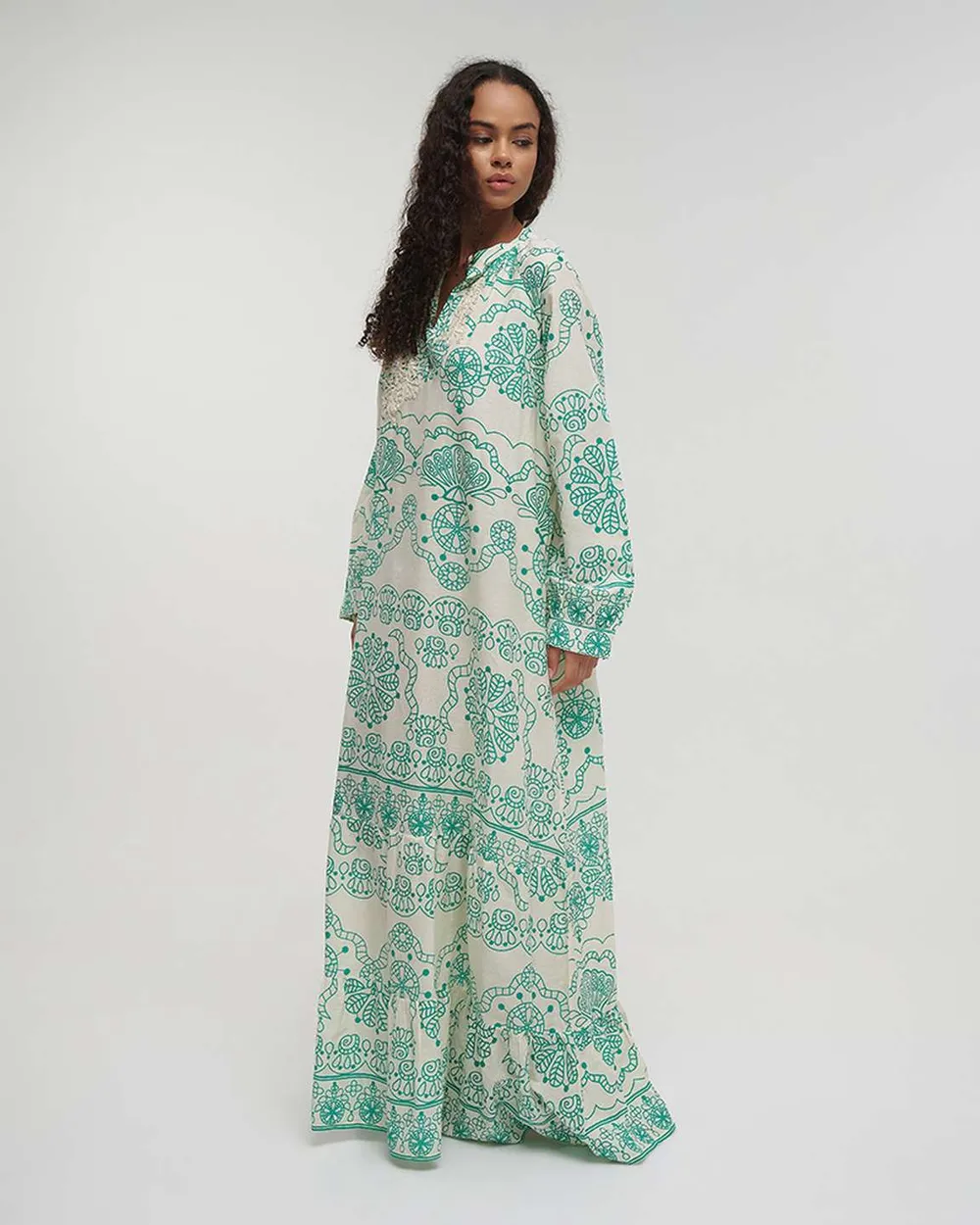 ΦΟΡΕΜΑ/ΚΑΦΤΑΝΙ ΜΑΚΡΥ ΕΚΡΟΥ ΜΕ ΠΡΑΣΙΝΕΣ ΛΕΠΤΟΜΕΡΕΙΕΣ ONE SIZE (100% COTTON)