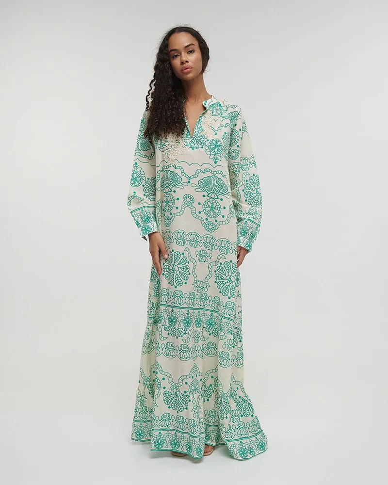 ΦΟΡΕΜΑ/ΚΑΦΤΑΝΙ ΜΑΚΡΥ ΕΚΡΟΥ ΜΕ ΠΡΑΣΙΝΕΣ ΛΕΠΤΟΜΕΡΕΙΕΣ ONE SIZE (100% COTTON)