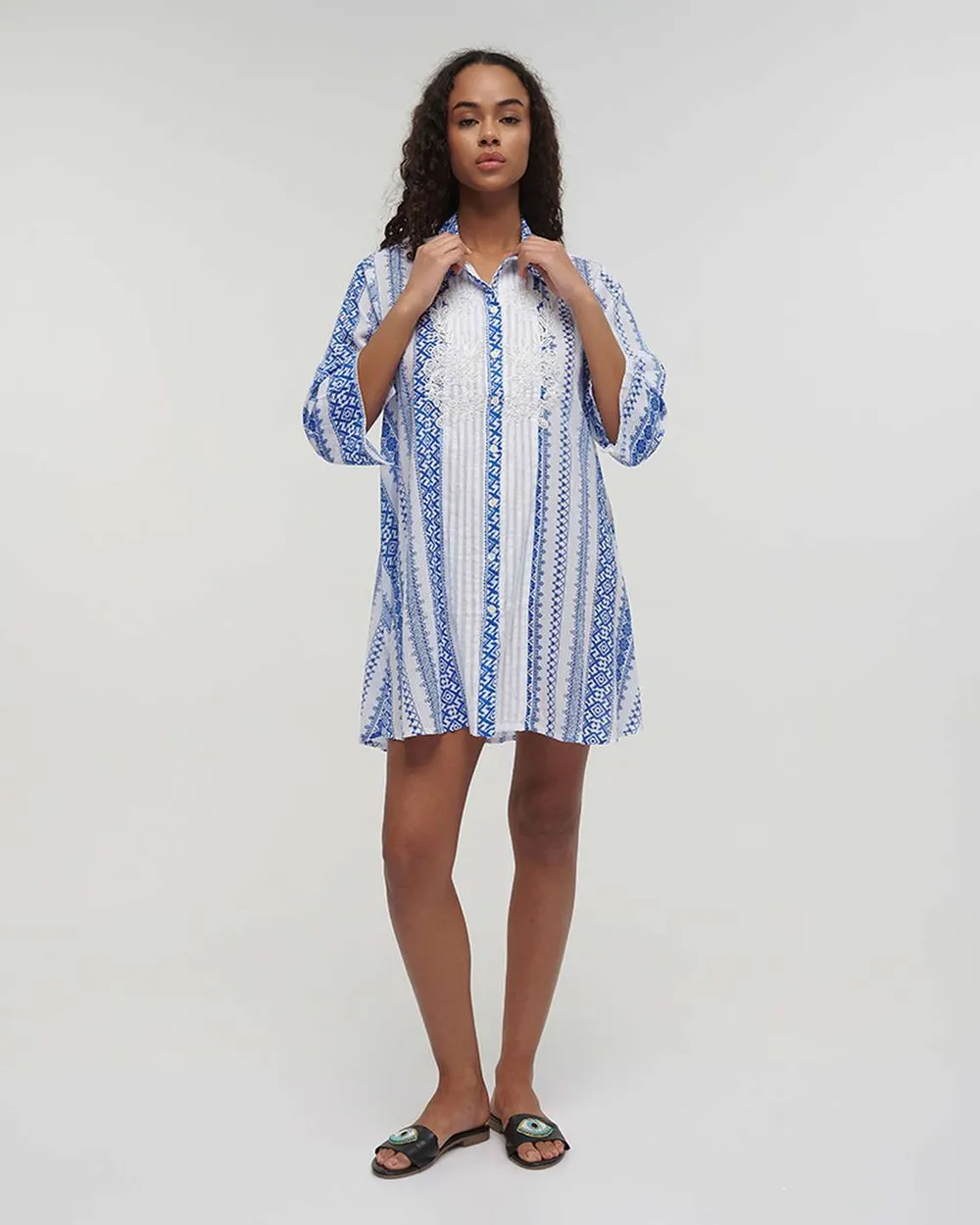 ΠΟΥΚΑΜΙΣΑ ΚΟΝΤΗ 3/4 ΜΠΛΕ/ΛΕΥΚΗ L/XL (100% COTTON)