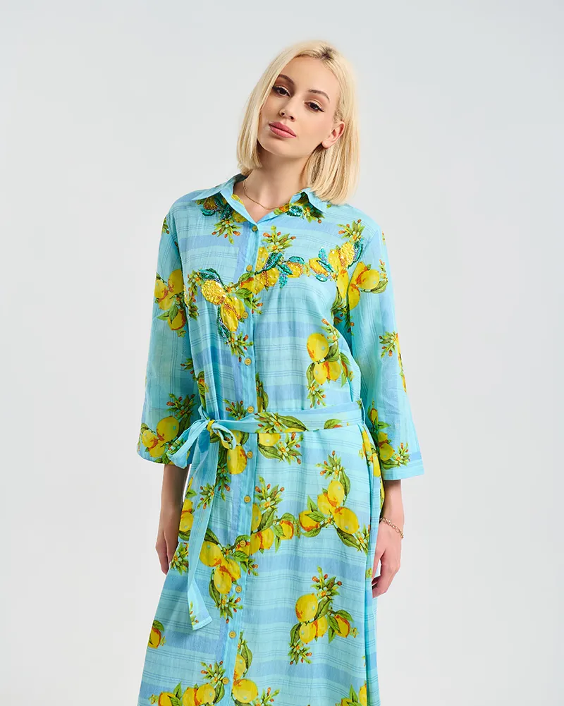 ΦΟΡΕΜΑ/ΚΑΦΤΑΝΙ ΜΑΚΡΥ ΤΥΡΚΟΥΑΖ ΜΕ ΛΕΠΤΟΜΕΡΕΙΕΣ ΜΕ ΛΕΜΟΝΙΑ S/M (100% COTTON)