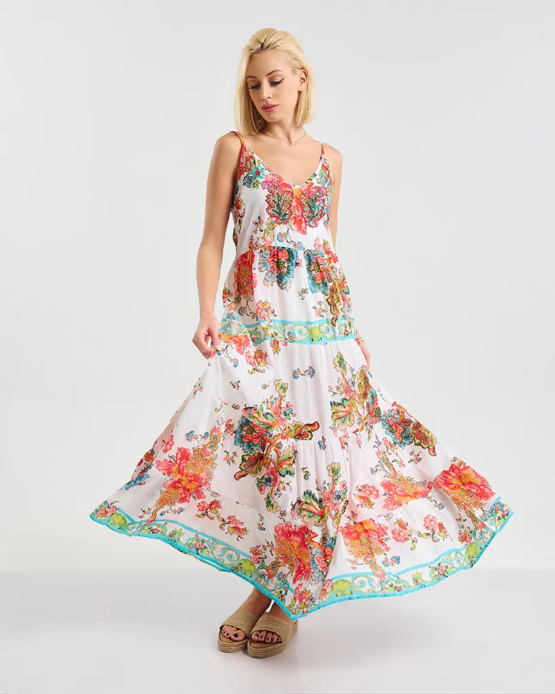 ΦΟΡΕΜΑ ΜΑΚΡΥ ΛΕΥΚΟ ΜΕ ΚΟΚΚΙΝΕΣ/ΜΠΛΕ ΛΕΠΤΟΜΕΡΕΙΕΣ ONE SIZE (100% COTTON)