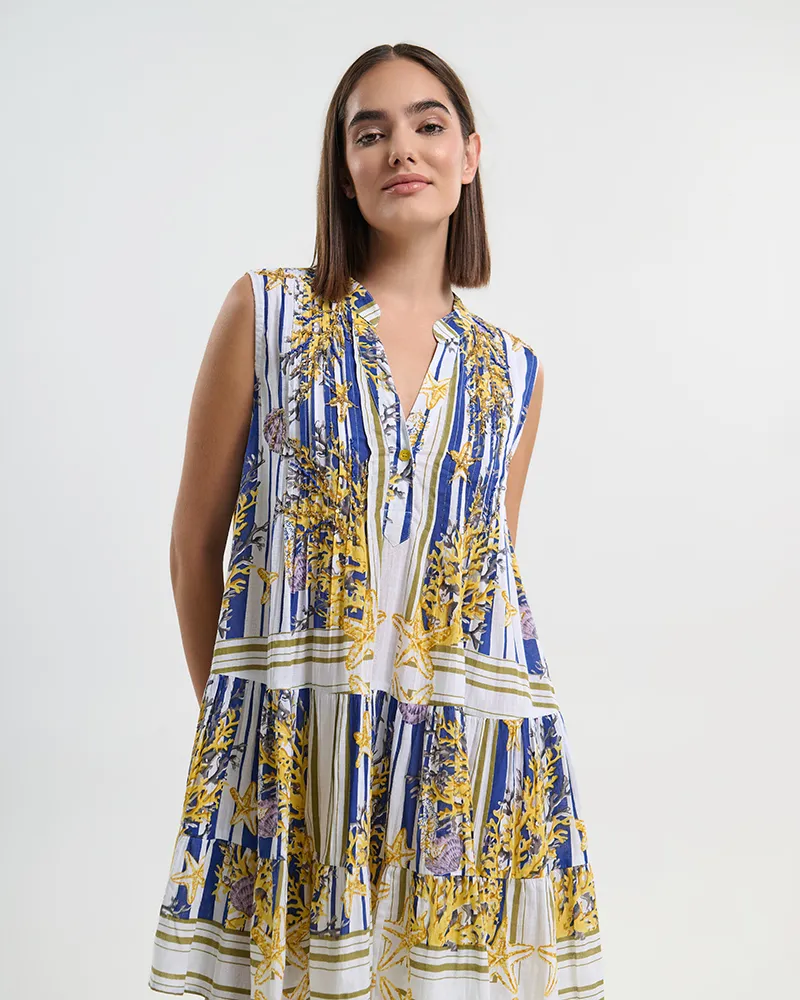 ΦΟΡΕΜΑ ΚΟΝΤΟ ΛΕΥΚΟ ΑΜΑΝΙΚΟ ME ΜΠΛΕ/ ΧΡΥΣΕΣ  ΛΕΠΤΟΜΕΡΕΙΕΣ S/M  (100% COTTON)