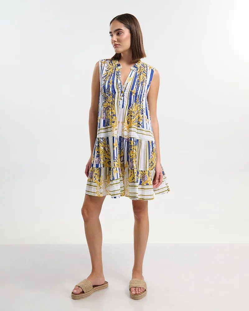 ΦΟΡΕΜΑ ΚΟΝΤΟ ΛΕΥΚΟ ΑΜΑΝΙΚΟ ME ΜΠΛΕ/ ΧΡΥΣΕΣ  ΛΕΠΤΟΜΕΡΕΙΕΣ L/XL  (100% COTTON)