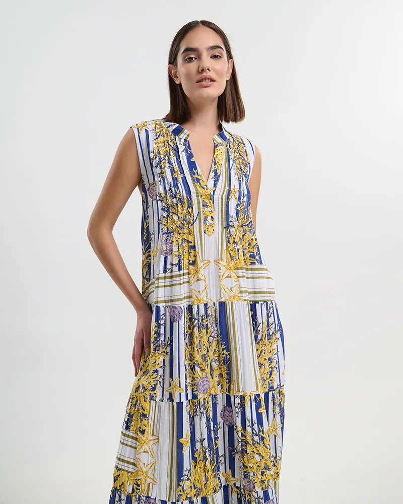 ΦΟΡΕΜΑ ΜΑΚΡΥ ΛΕΥΚΟ ΑΜΑΝΙΚΟ ME ΜΠΛΕ/ ΧΡΥΣΕΣ  ΛΕΠΤΟΜΕΡΕΙΕΣ S/M  (100% COTTON)