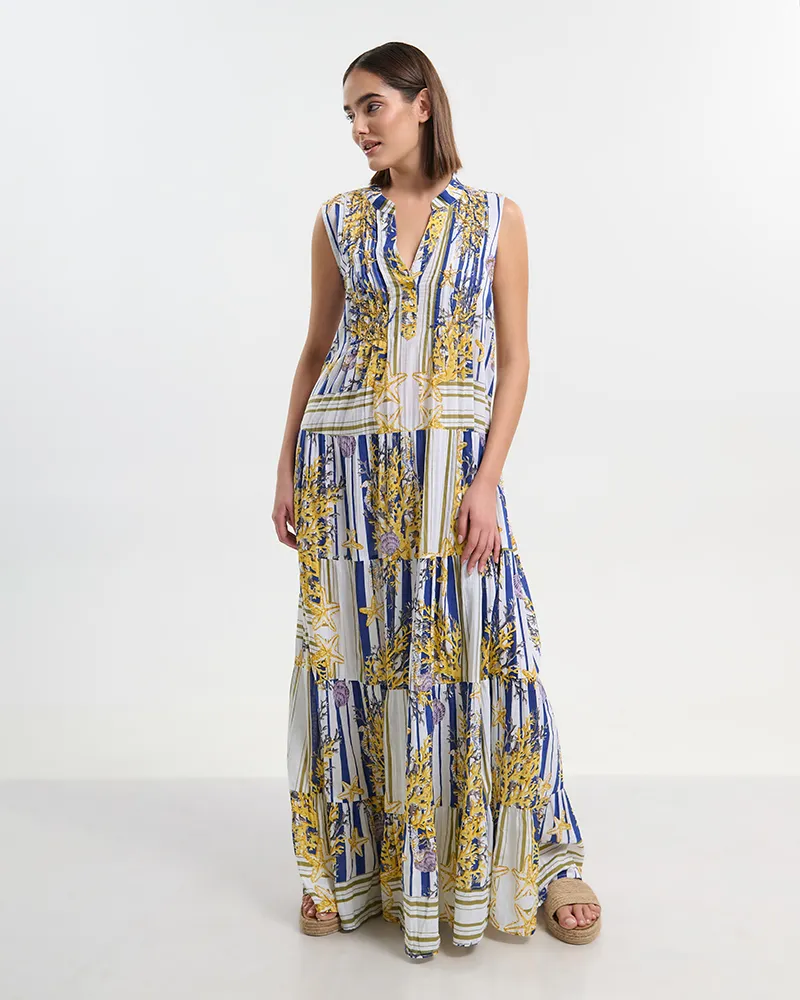 ΦΟΡΕΜΑ ΜΑΚΡΥ ΛΕΥΚΟ ΑΜΑΝΙΚΟ ME ΜΠΛΕ/ ΧΡΥΣΕΣ  ΛΕΠΤΟΜΕΡΕΙΕΣ L/XL (100% COTTON)