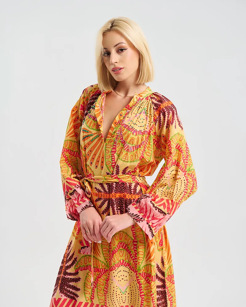 ΦΟΡΕΜΑ ΜΑΚΡΥ ΜΕ ΜΑΚΡΥ ΜΑΝΙΚΙ ΚΟΚΚΙΝΟ/ΠΟΡΤΟΚΑΛΙ ΑΜΑΝΙΚΟ S/M (100% COTTON)