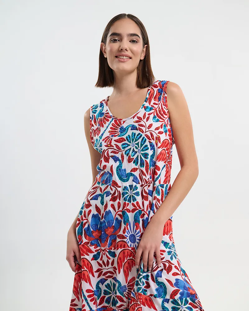 ΦΟΡΕΜΑ ΜΕ ΤΙΡΑΝΤΕΣ ΜΑΚΡΥ  ΜΕ ΚΟΚΚΙΝΕΣ/ΜΠΛΕ ΛΕΠΤΟΜΕΡΕΙΕΣ ONE SIZE ( 100% COTTON)