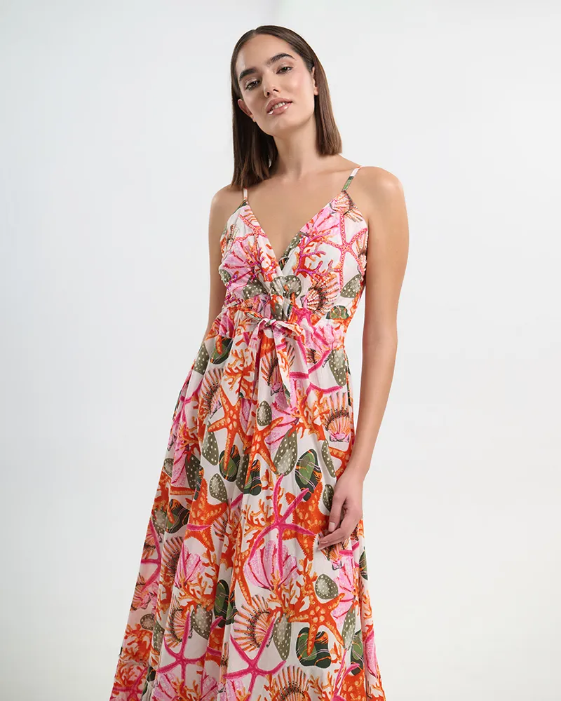 ΜΑΚΡΥ ΦΟΡΕΜΑ ΛΕΥΚΟ ΑΜΑΝΙΚΟ  ΜΕ ΛΕΠΤΟΜΕΡΕΙΕΣ ΠΡΑΣΙΝΕΣ/ΚΟΚΚΙΝΕΣ ONE SIZE ( 100% COTTON)