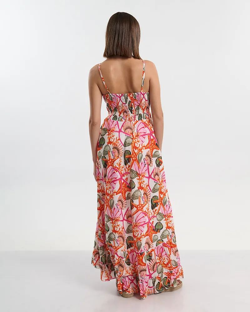 ΜΑΚΡΥ ΦΟΡΕΜΑ ΛΕΥΚΟ ΑΜΑΝΙΚΟ  ΜΕ ΛΕΠΤΟΜΕΡΕΙΕΣ ΠΡΑΣΙΝΕΣ/ΚΟΚΚΙΝΕΣ ONE SIZE ( 100% COTTON)