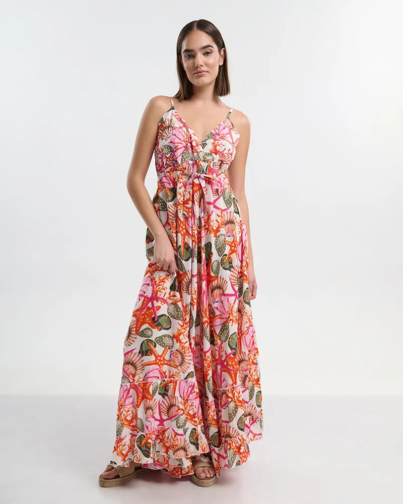 ΜΑΚΡΥ ΦΟΡΕΜΑ ΛΕΥΚΟ ΑΜΑΝΙΚΟ  ΜΕ ΛΕΠΤΟΜΕΡΕΙΕΣ ΠΡΑΣΙΝΕΣ/ΚΟΚΚΙΝΕΣ ONE SIZE ( 100% COTTON)