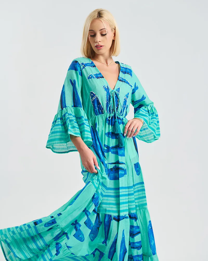 ΜΑΚΡΥ ΦΟΡΕΜΑ ΜΠΛΕ 3/4 ΜΕ ΨΑΡΙΑ  ONE SIZE ( 100% COTTON)