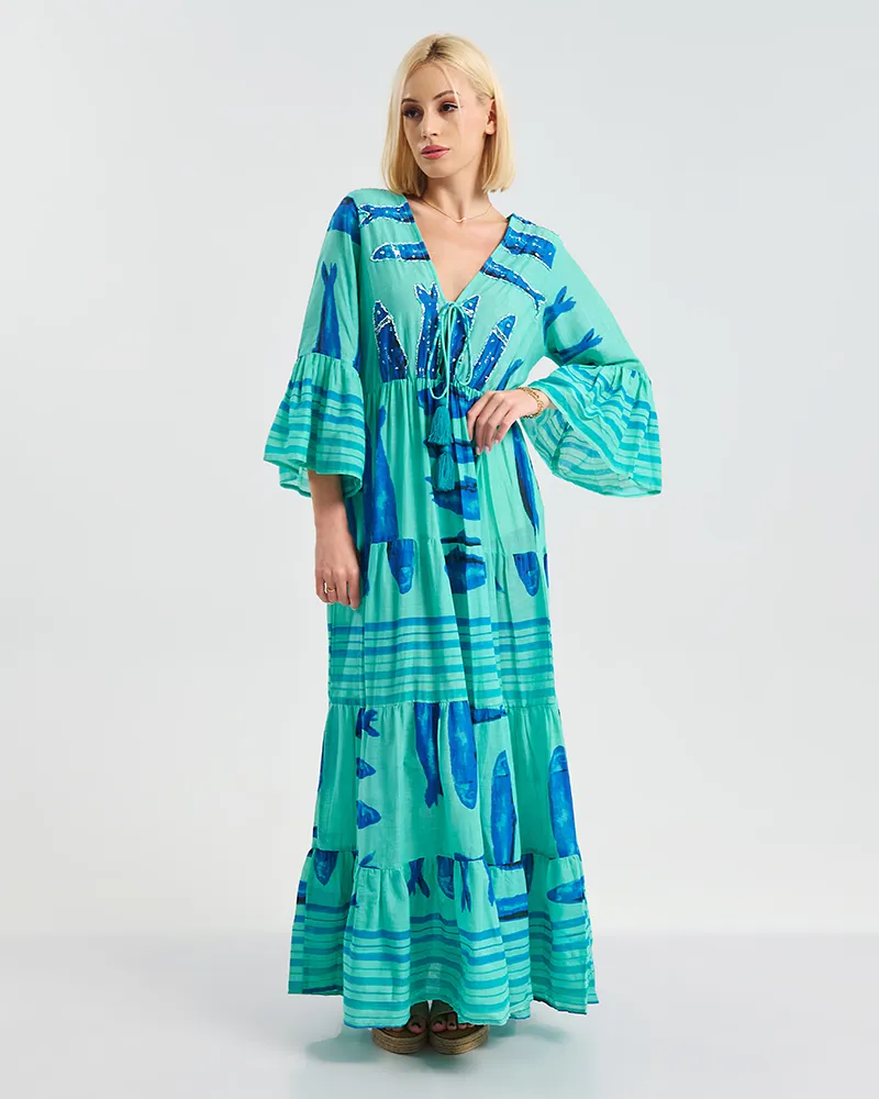 ΜΑΚΡΥ ΦΟΡΕΜΑ ΜΠΛΕ 3/4 ΜΕ ΨΑΡΙΑ  ONE SIZE ( 100% COTTON)