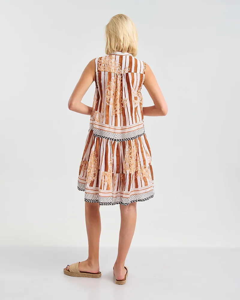 ΦΟΡΕΜΑ ΚΟΝΤΟ ΑΜΑΝΙΚΟ ΣΕ ΛΕΥΚΟ/ΚΑΦΕ ΧΡΩΜΑ ΜΕ ΧΡΥΣΕΣ/ ΜΑΥΡΕΣ ΛΕΠΤΟΜΕΡΕΙΕΣ S/M ( 100% COTTON)