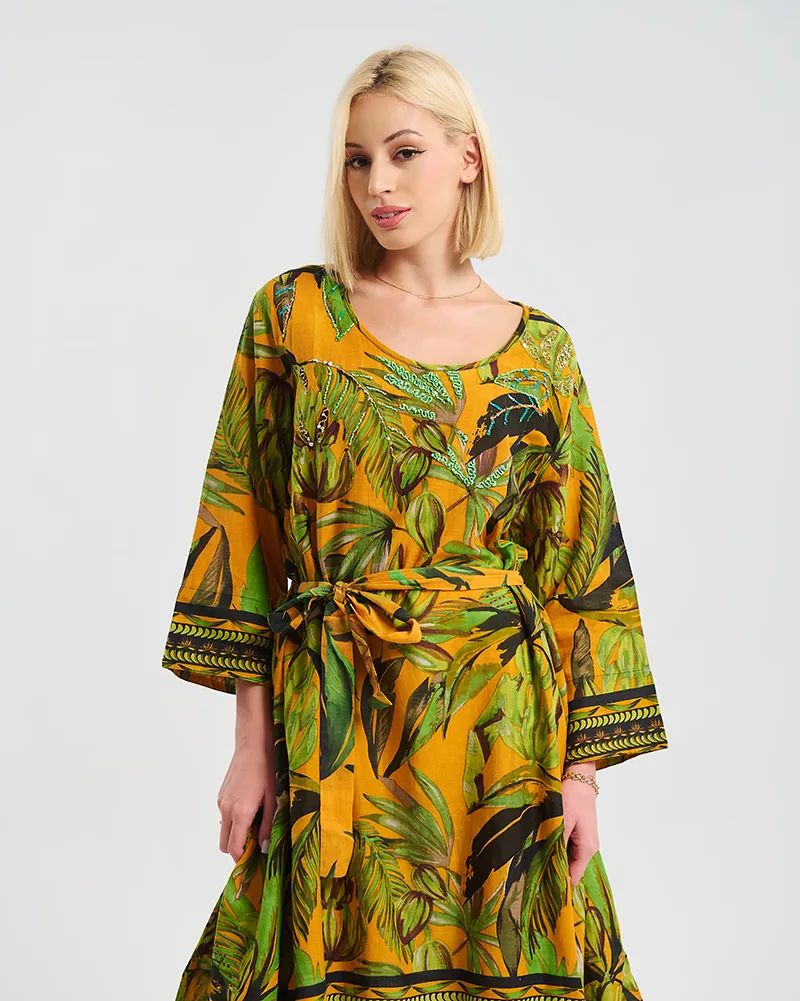 ΚΑΦΤΑΝΙ/ΦΟΡΕΜΑ 3/4 ΣΕ ΠΡΑΣΙΝΟ/ΠΟΡΤΟΚΑΛΙ ΧΡΩΜΑ ΜΕ ”TROPICAL” ΛΕΠΤΟΜΕΡΕΙΕΣ ONE SIZE  ( 100% COTTON)