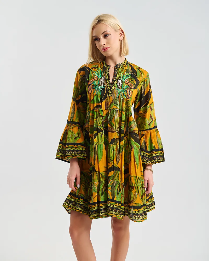 ΦΟΡΕΜΑ ΚΟΝΤΟ 3/4 ΣΕ ΠΡΑΣΙΝΟ/ΠΟΡΤΟΚΑΛΙ ΧΡΩΜΑ ΜΕ ”TROPICAL” ΛΕΠΤΟΜΕΡΕΙΕΣ S/M ( 100% COTTON)