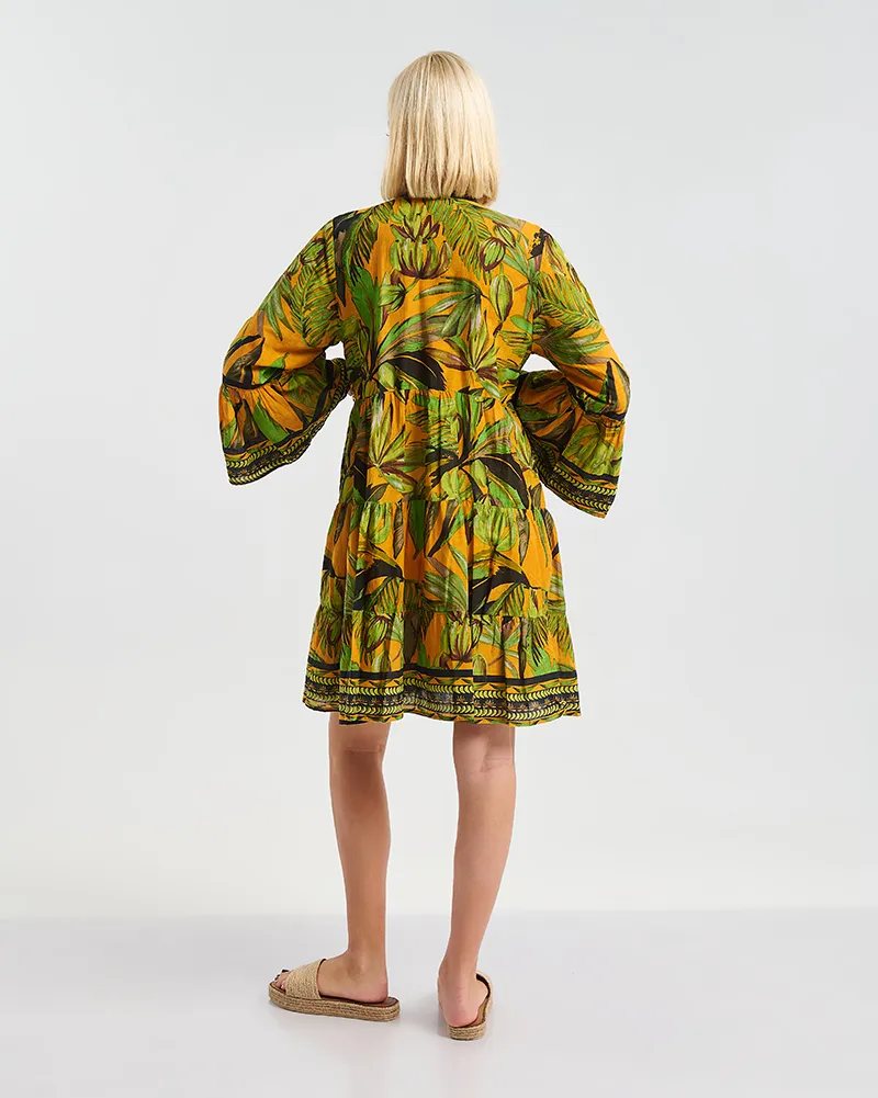 ΦΟΡΕΜΑ ΚΟΝΤΟ 3/4 ΣΕ ΠΡΑΣΙΝΟ/ΠΟΡΤΟΚΑΛΙ ΧΡΩΜΑ ΜΕ ''TROPICAL'' ΛΕΠΤΟΜΕΡΕΙΕΣ S/M ( 100% COTTON)