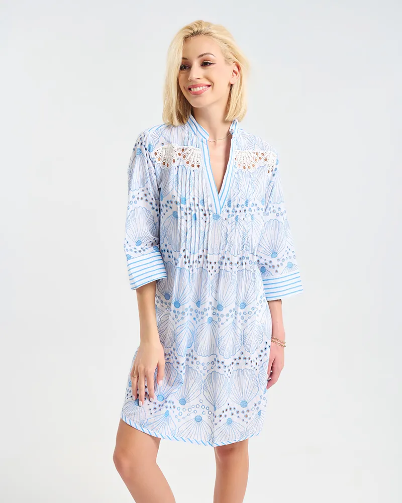 ΦΟΡΕΜΑ 3/4 ΜΑΝΙΚΙ ΣΕ ΛΕΥΚΟ ΧΡΩΜΑ ΜΕ ΜΠΛΕ ΛΕΠΤΟΜΕΡΕΙΕΣ L/XL ( 100% COTTON)