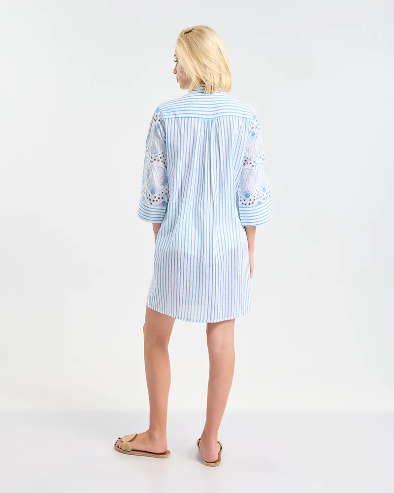 ΦΟΡΕΜΑ 3/4 ΜΑΝΙΚΙ ΣΕ ΛΕΥΚΟ ΧΡΩΜΑ ΜΕ ΜΠΛΕ ΛΕΠΤΟΜΕΡΕΙΕΣ L/XL ( 100% COTTON)