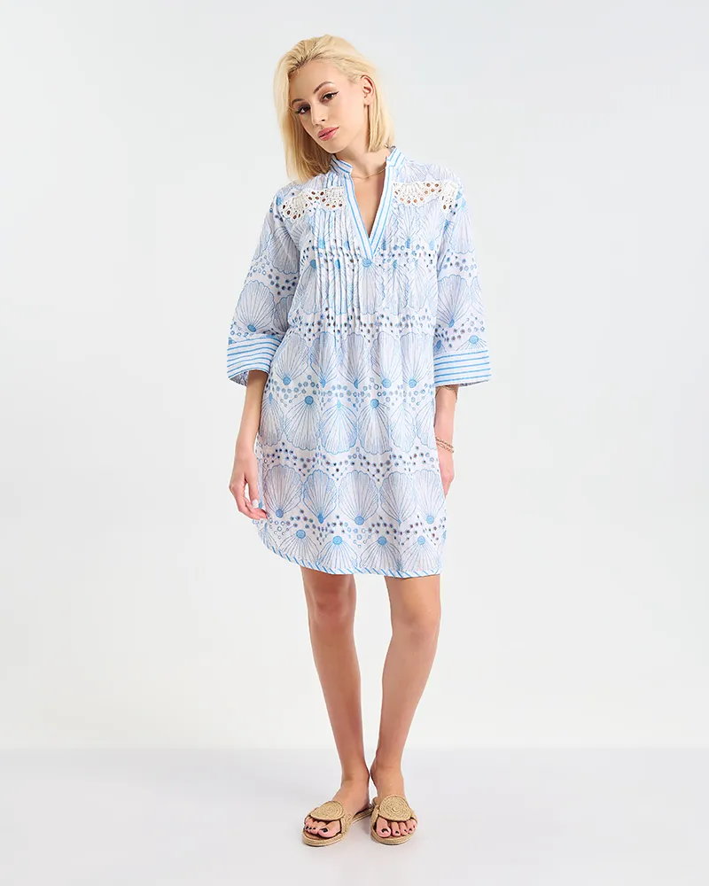 ΦΟΡΕΜΑ 3/4 ΜΑΝΙΚΙ ΣΕ ΛΕΥΚΟ ΧΡΩΜΑ ΜΕ ΜΠΛΕ ΛΕΠΤΟΜΕΡΕΙΕΣ L/XL ( 100% COTTON)