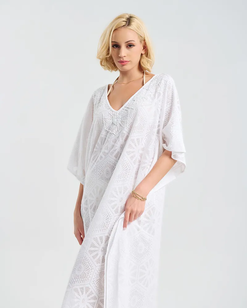 ΜΑΚΡΥ ΛΕΥΚΟ ΚΑΦΤΑΝΙ  ΜΕ ΚΕΝΤΗΤΑ ΛΟΥΛΟΥΔΙΑ ONE SIZE  ( 100% COTTON)