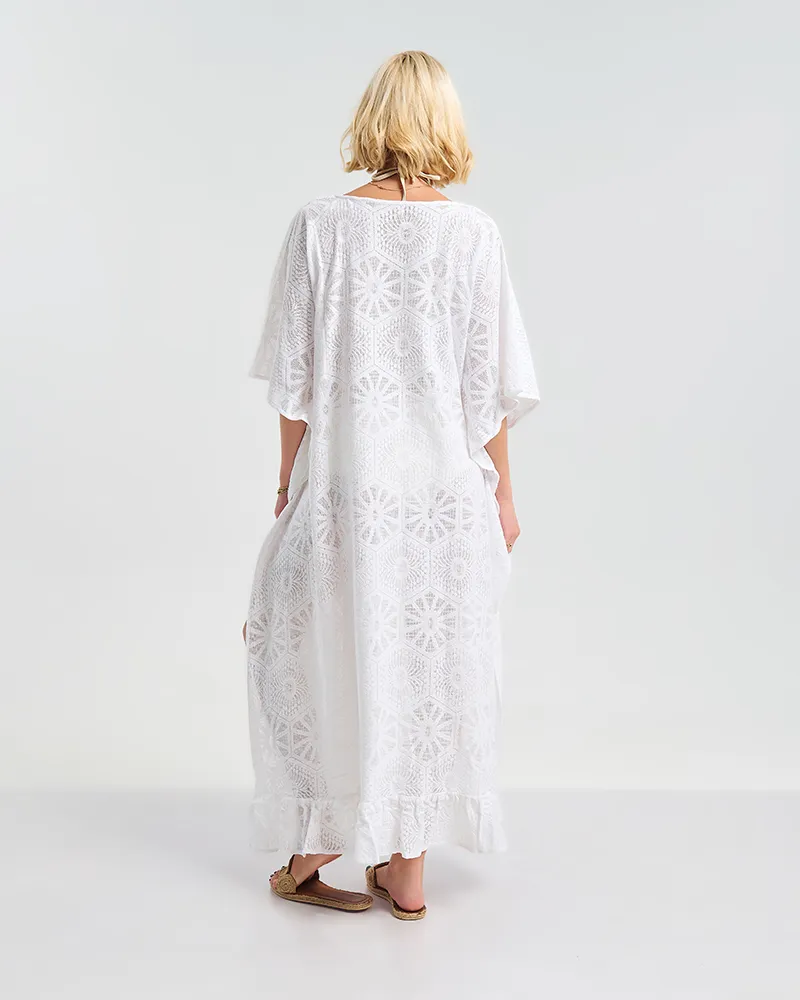 ΜΑΚΡΥ ΛΕΥΚΟ ΚΑΦΤΑΝΙ  ΜΕ ΚΕΝΤΗΤΑ ΛΟΥΛΟΥΔΙΑ ONE SIZE  ( 100% COTTON)