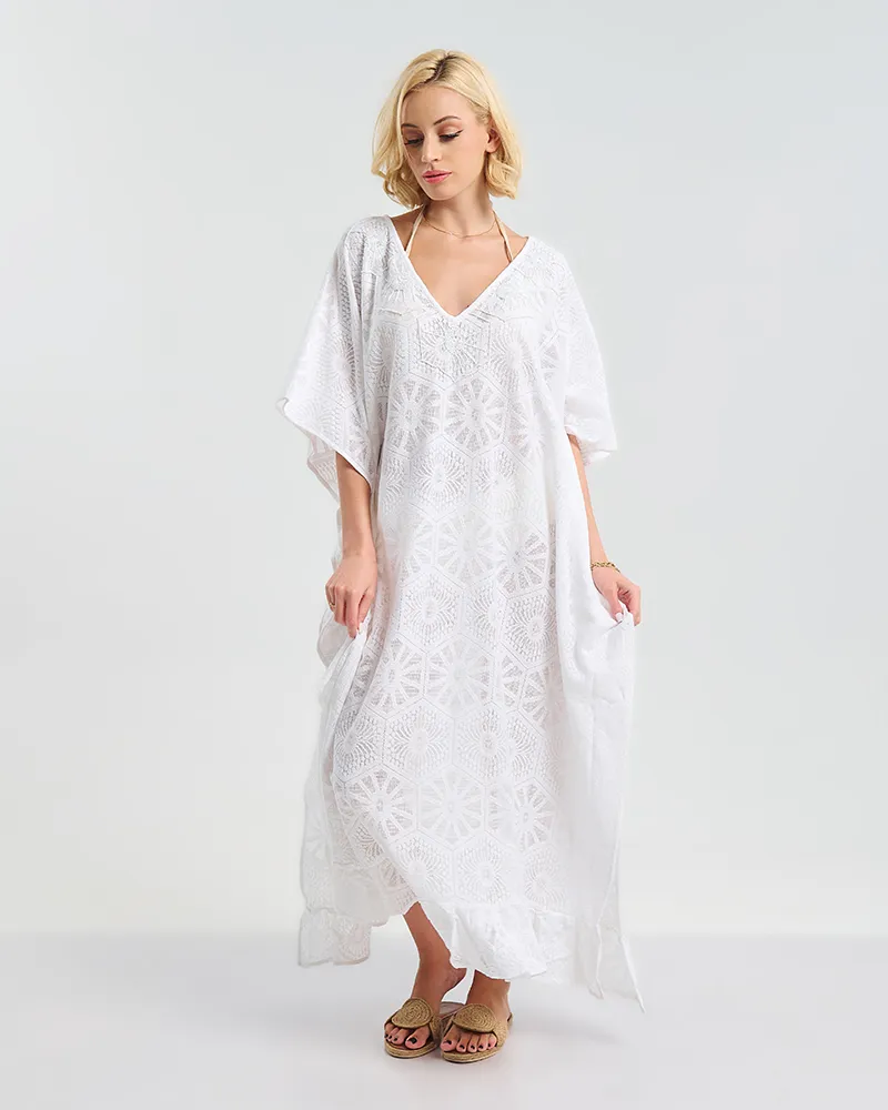 ΜΑΚΡΥ ΛΕΥΚΟ ΚΑΦΤΑΝΙ  ΜΕ ΚΕΝΤΗΤΑ ΛΟΥΛΟΥΔΙΑ ONE SIZE  ( 100% COTTON)