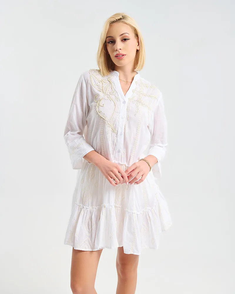 ΛΕΥΚΟ ΦΟΡΕΜΑ ΜΕ ΧΡΥΣΑ ΚΕΝΤΗΜΑΤΑ / ΚΟΥΜΠΙΑ L/XL  ( 100% COTTON)