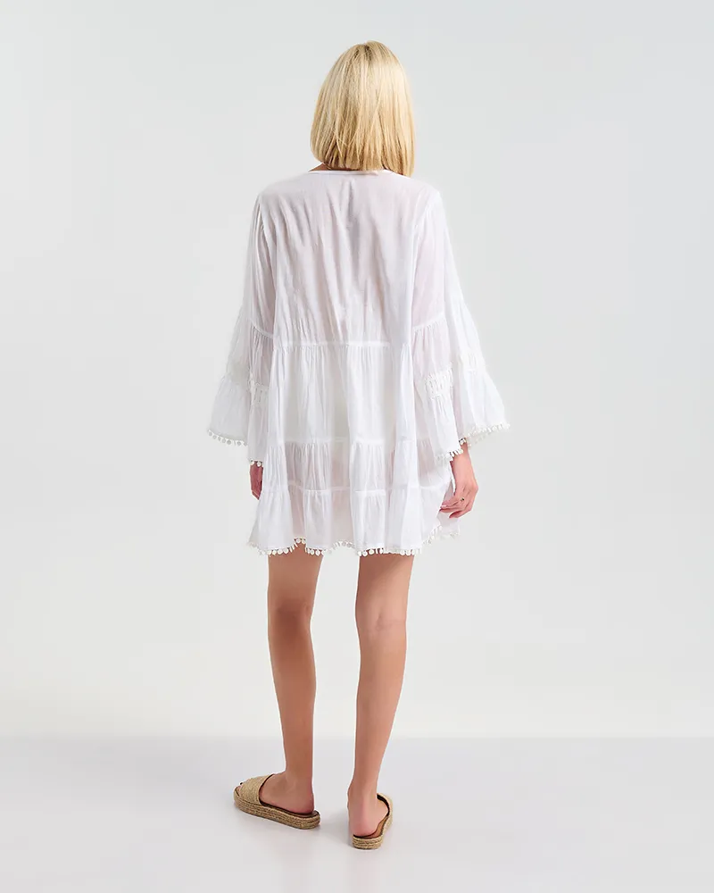 ΦΟΡΕΜΑ ΛΕΥΚΟ ME ΔΙΑΚΟΣΜΗΤΙΚΑ ΦΟΥΝΤΑΚΙΑ ΜΕ BOHO ΑΙΣΘΗΤΙΚΗ ONE SIZE ( 100% COTTON)