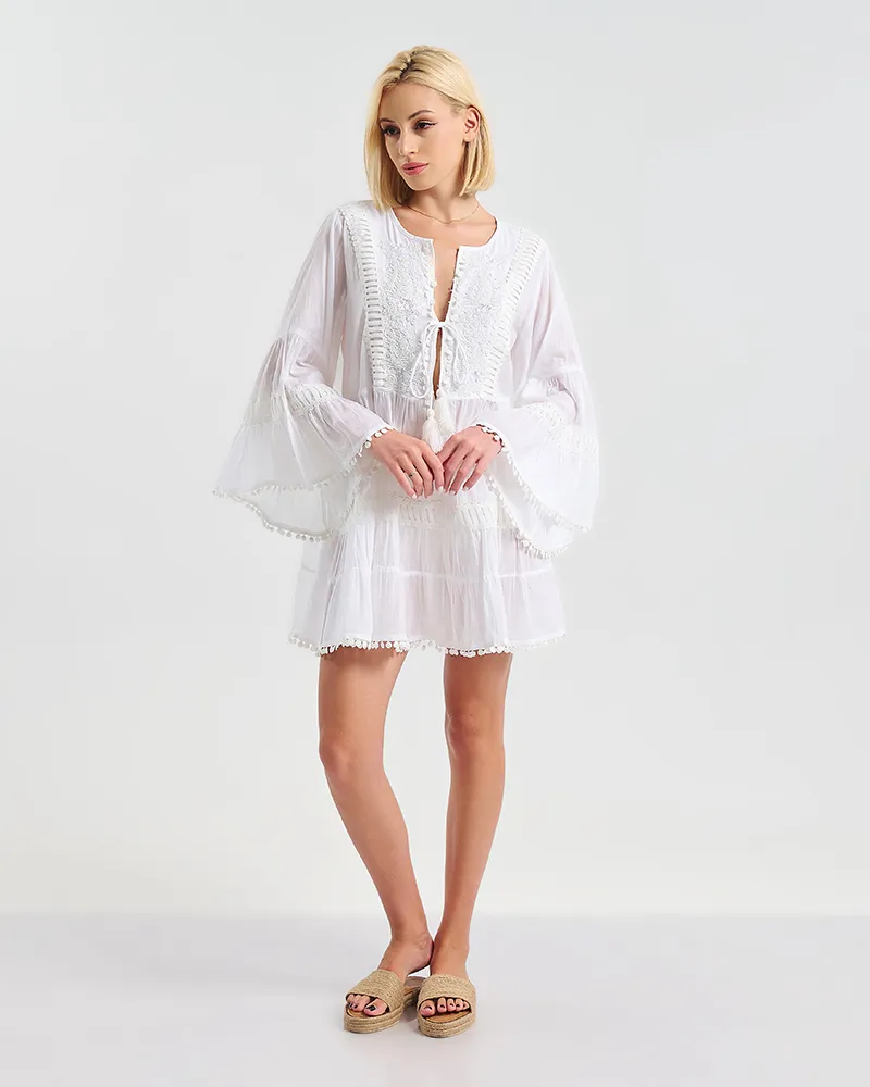 ΦΟΡΕΜΑ ΛΕΥΚΟ ME ΔΙΑΚΟΣΜΗΤΙΚΑ ΦΟΥΝΤΑΚΙΑ ΜΕ BOHO ΑΙΣΘΗΤΙΚΗ ONE SIZE ( 100% COTTON)