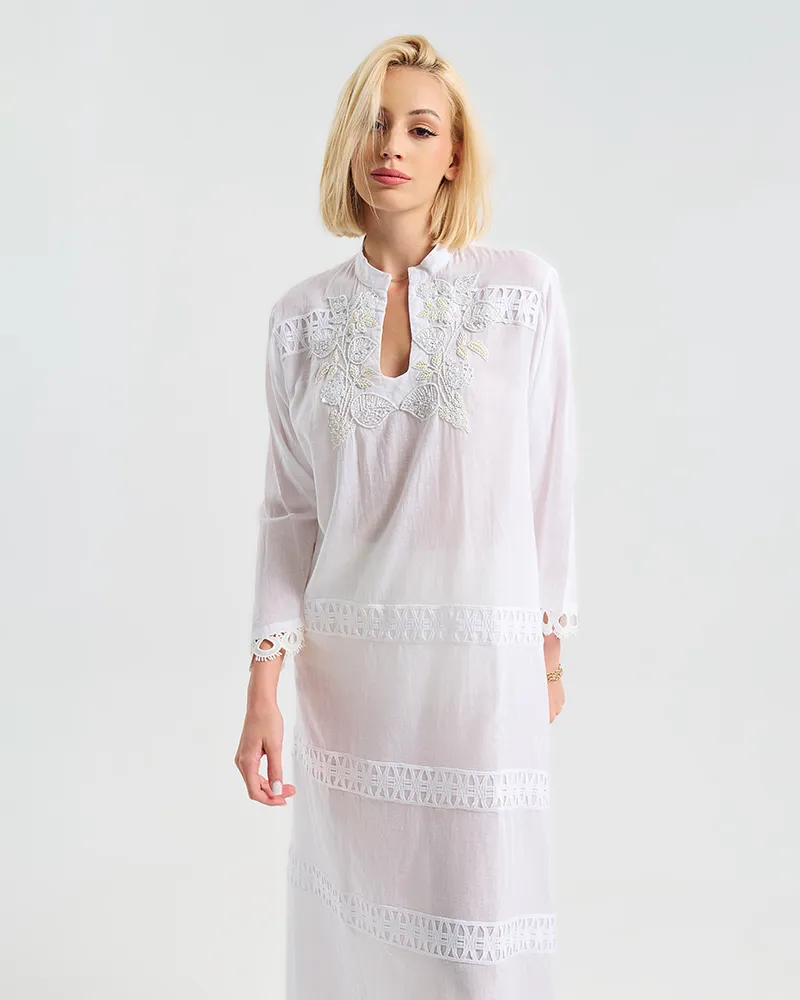 ΜΑΚΡΥ ΦΟΡΕΜΑ/ΚΑΦΤΑΝΙ ΛΕΥΚΟ ME ΛΕΠΤΟΜΕΡΕΙΕΣ ΣΤΑ ΜΑΝΙΚΙΑ S/M ( 100% COTTON)