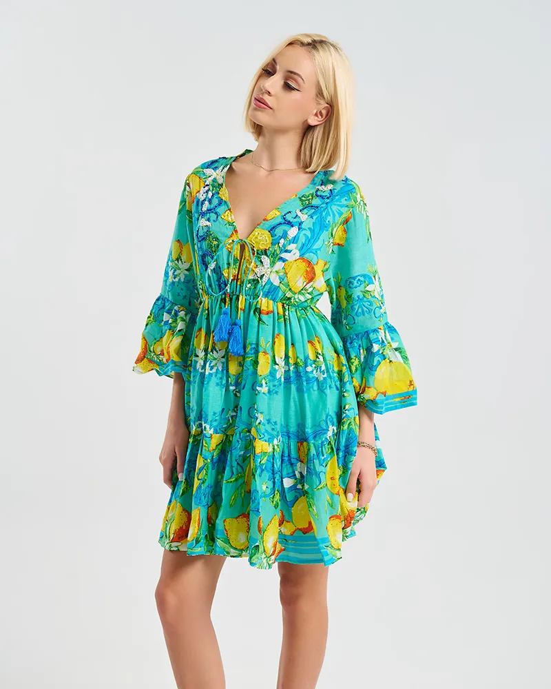 ΚΟΝΤΟ ΦΟΡΕΜΑ/ΚΑΦΤΑΝΙ ”LEMONS” ΣΕ ΤΙΡΚΟΥΑΖ ΧΡΩΜΑ ONE SIZE ( 100% COTTON)