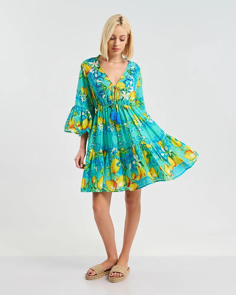 ΚΟΝΤΟ ΦΟΡΕΜΑ/ΚΑΦΤΑΝΙ ”LEMONS” ΣΕ ΤΙΡΚΟΥΑΖ ΧΡΩΜΑ ONE SIZE ( 100% COTTON)