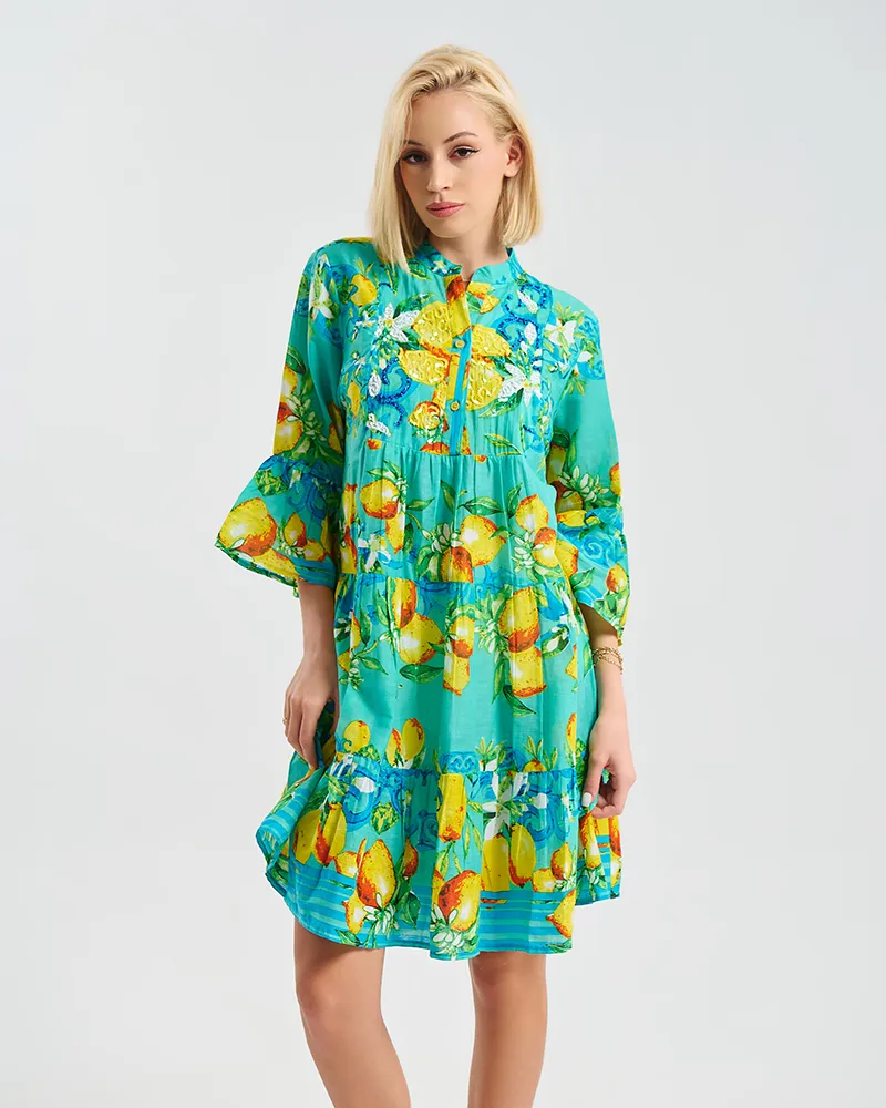 ΚΟΝΤΟ ΦΟΡΕΜΑ/ΠΟΥΚΑΜΙΣΑ ”LEMONS” ΣΕ ΤΙΡΚΟΥΑΖ ΧΡΩΜΑ ONE SIZE ( 100% COTTON)