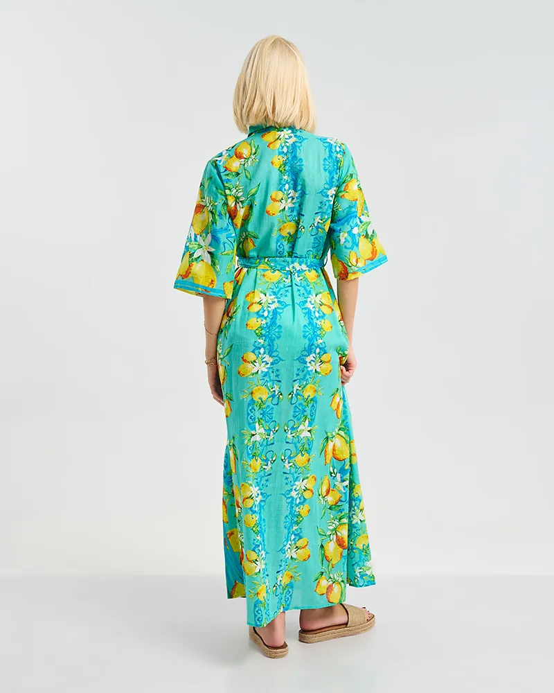 ΜΑΚΡΙΑ ΠΟΥΚΑΜΙΣΑ ''LEMONS'' ΣΕ ΤΙΡΚΟΥΑΖ ΧΡΩΜΑ ΜΕ ΖΩΝΗ L/XL ( 100% COTTON)