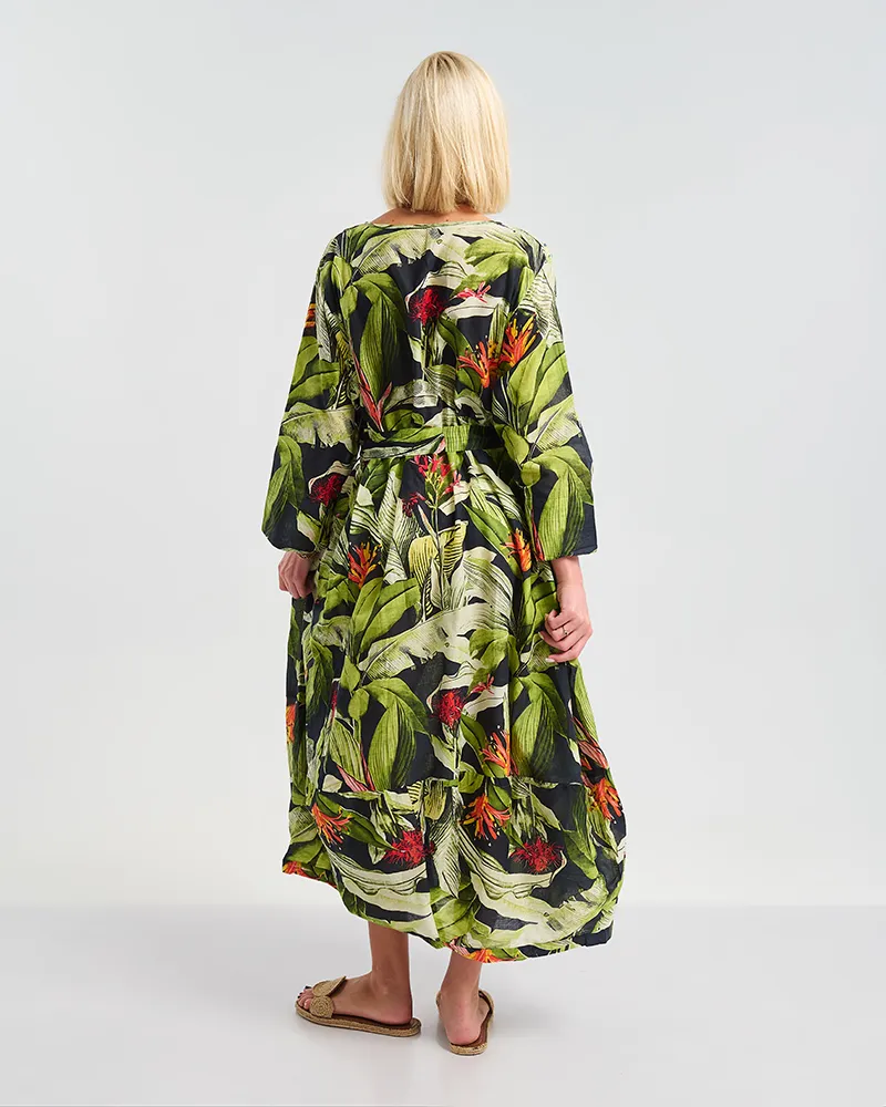 ΜΑΚΡΥ ΦΟΡΕΜΑ/ΚΑΦΤΑΝΙ ΠΡΑΣΙΝΟ/ΜΑΥΡΟ ”LEAVES” ΜΕ ΖΩΝΗ ONE SIZE ( 100% COTTON)