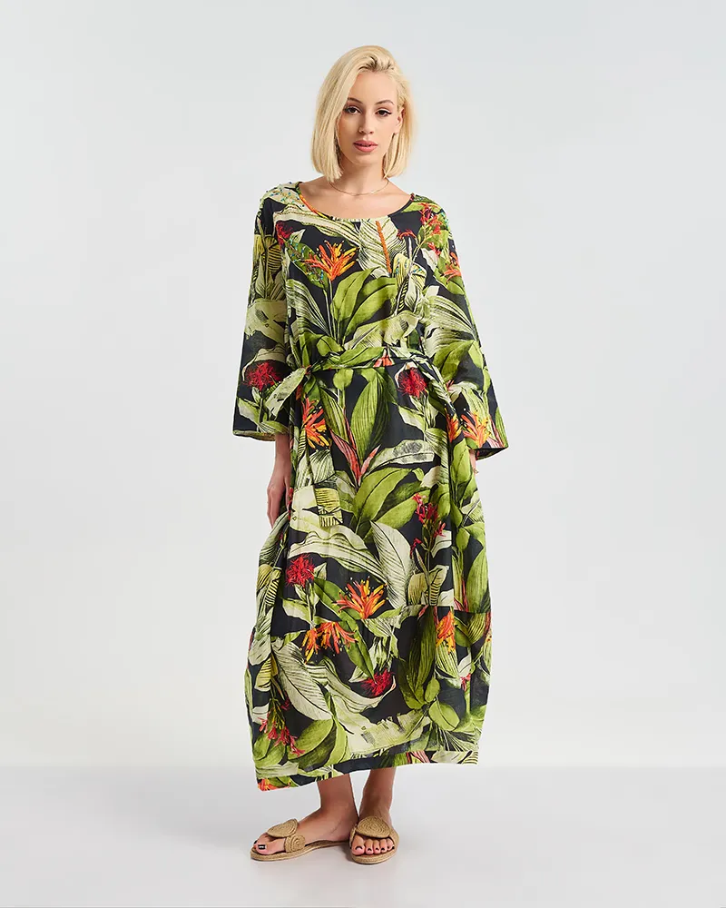 ΜΑΚΡΥ ΦΟΡΕΜΑ/ΚΑΦΤΑΝΙ ΠΡΑΣΙΝΟ/ΜΑΥΡΟ ”LEAVES” ΜΕ ΖΩΝΗ ONE SIZE ( 100% COTTON)