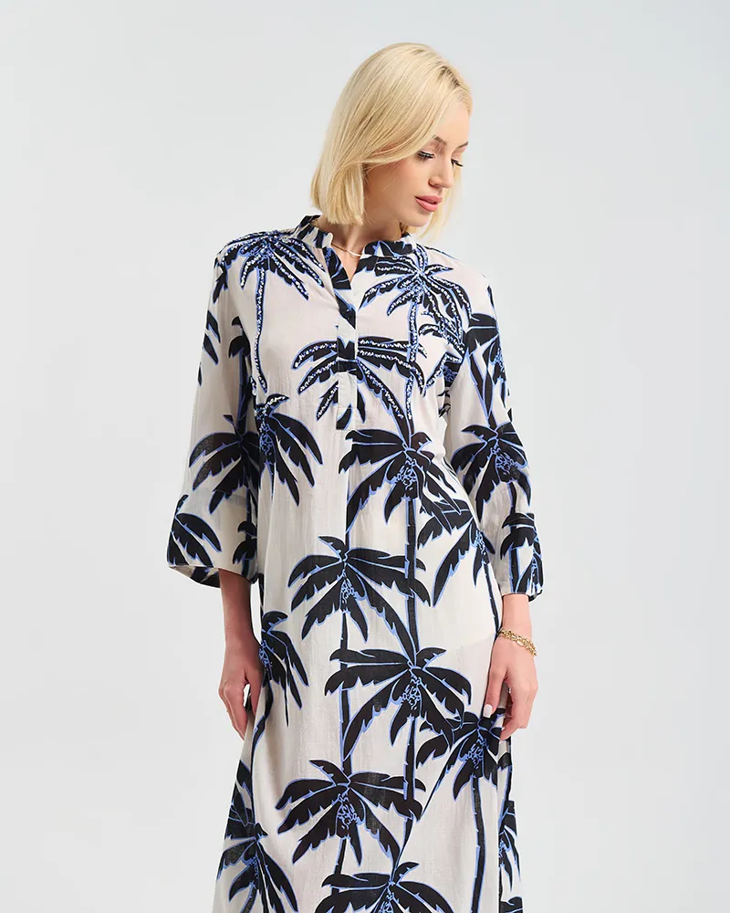 ΜΑΚΡΥ ΦΟΡΕΜΑ ΛΕΥΚΟ/ΜΠΛΕ/ΜΑΥΡΟ ”PALMS” S/M ( 100% COTTON)