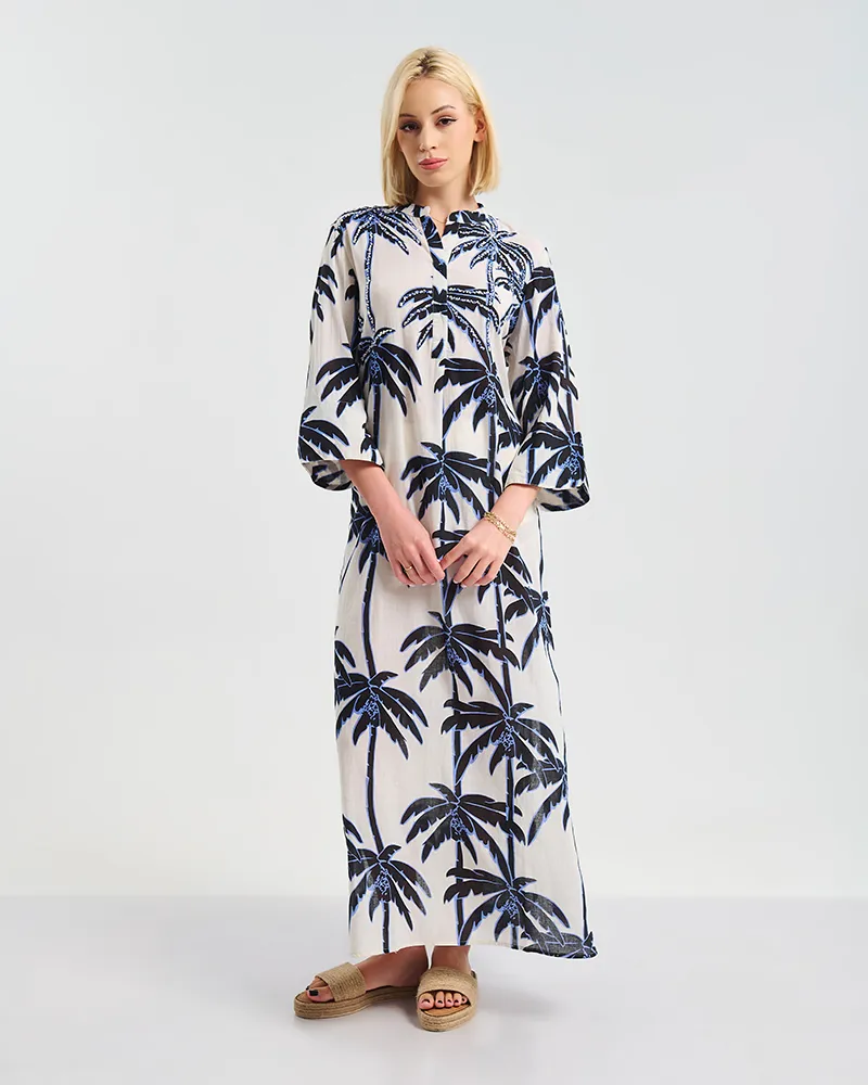 ΜΑΚΡΥ ΦΟΡΕΜΑ ΛΕΥΚΟ/ΜΠΛΕ/ΜΑΥΡΟ ”PALMS” S/M ( 100% COTTON)