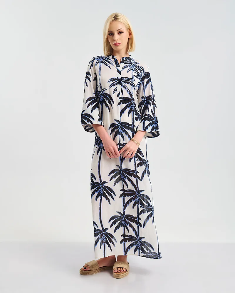 ΜΑΚΡΥ ΦΟΡΕΜΑ ΛΕΥΚΟ/ΜΠΛΕ/ΜΑΥΡΟ ”PALMS” L/XL ( 100% COTTON)