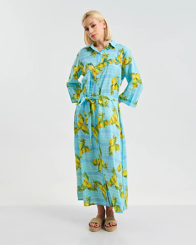 ΦΟΡΕΜΑ/ΚΑΦΤΑΝΙ ΜΑΚΡΥ ΤΥΡΚΟΥΑΖ ΜΕ ΛΕΠΤΟΜΕΡΕΙΕΣ ΜΕ ΛΕΜΟΝΙΑ L/XL (100% COTTON)