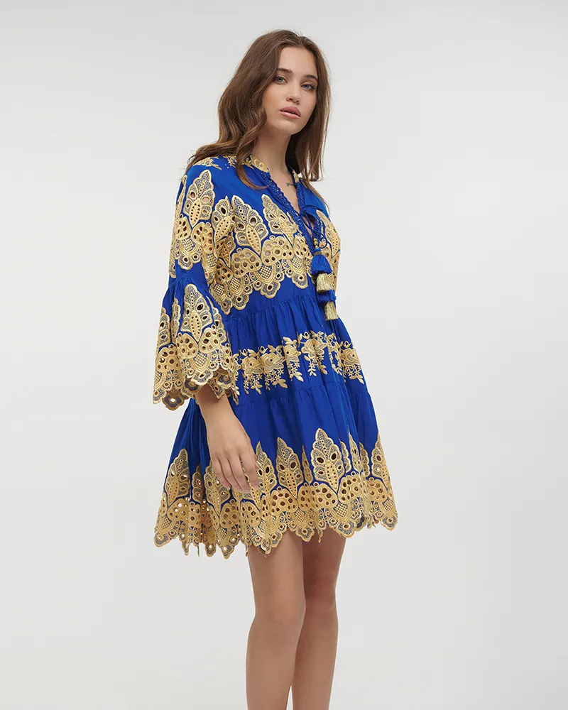 ΦΟΡΕΜΑ ΚΟΝΤΟ ΜΕ 3/4 ΜΑΝΙΚΙ ΜΠΛΕ/ΧΡΥΣΟ ONE SIZE (100% COTTON)