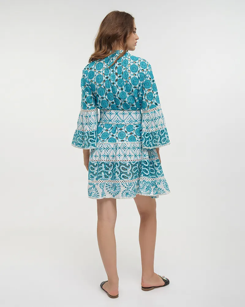 ΦΟΡΕΜΑ ΚΟΝΤΟ ΜΕ 3/4 ΜΑΝΙΚΙ ΤΥΡΚΟΥΑΖ/ΛΕΥΚΟ ME ΧΡΥΣΕΣ ΛΕΠΤΟΜΕΡΕΙΕΣ ΚΑΙ ΖΩΝΗ ONE SIZE (100% COTTON)