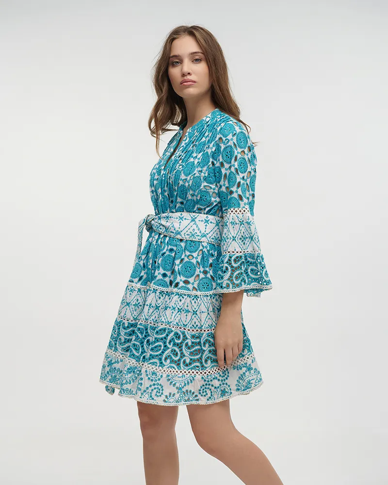 ΦΟΡΕΜΑ ΚΟΝΤΟ ΜΕ 3/4 ΜΑΝΙΚΙ ΤΥΡΚΟΥΑΖ/ΛΕΥΚΟ ME ΧΡΥΣΕΣ ΛΕΠΤΟΜΕΡΕΙΕΣ ΚΑΙ ΖΩΝΗ ONE SIZE (100% COTTON)