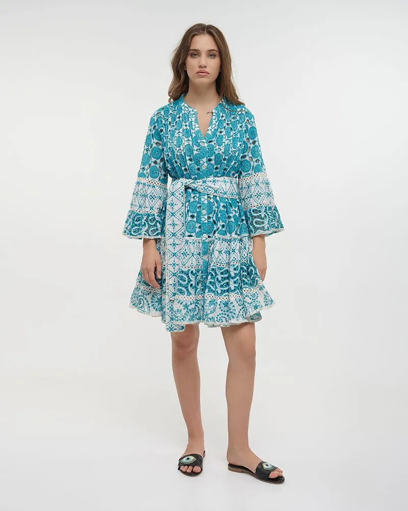 ΦΟΡΕΜΑ ΚΟΝΤΟ ΜΕ 3/4 ΜΑΝΙΚΙ ΤΥΡΚΟΥΑΖ/ΛΕΥΚΟ ME ΧΡΥΣΕΣ ΛΕΠΤΟΜΕΡΕΙΕΣ ΚΑΙ ΖΩΝΗ ONE SIZE (100% COTTON)