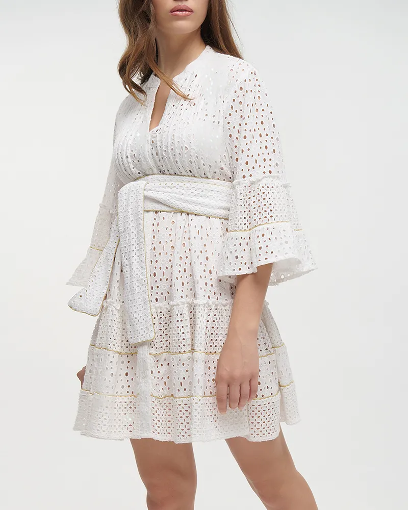 ΦΟΡΕΜΑ ΚΟΝΤΟ ΜΕ 3/4 ΜΑΝΙΚΙ ΛΕΥΚΟ ME ΧΡΥΣΕΣ ΛΕΠΤΟΜΕΡΕΙΕΣ ΚΑΙ ΖΩΝΗ ONE SIZE (100% COTTON)