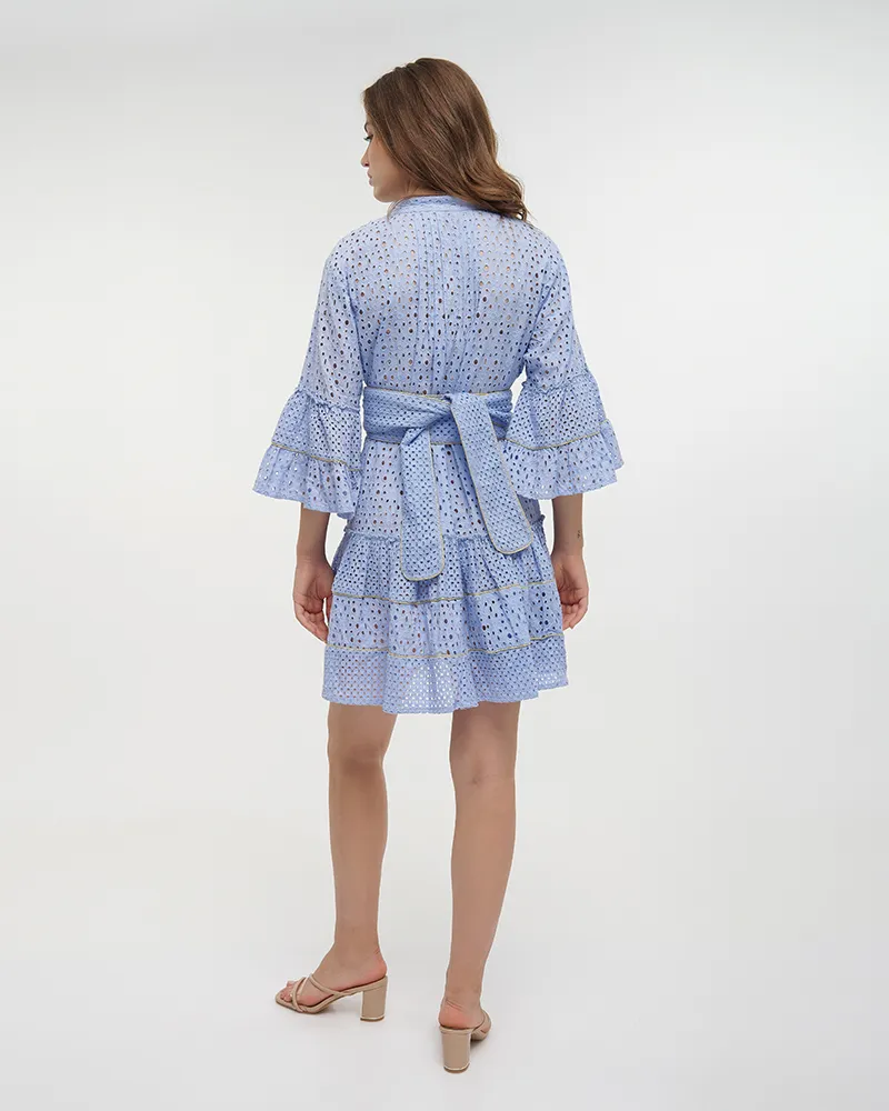 ΦΟΡΕΜΑ ΚΟΝΤΟ ΜΕ 3/4 ΜΑΝΙΚΙ ΓΑΛΑΖΙΟ ME ΧΡΥΣΕΣ ΛΕΠΤΟΜΕΡΕΙΕΣ ΚΑΙ ΖΩΝΗ ONE SIZE (100% COTTON)